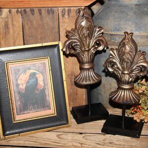 Gothic Moody French Fleur De Lis Pair & Framed Black Crow Raven Bird Picture